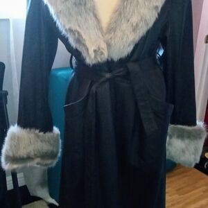 Black Leather Jacket with Gray Fur Trim